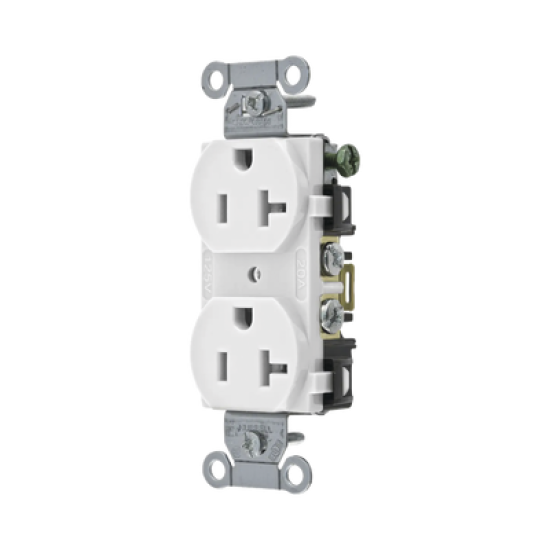 Contacto Dúplex 20 A, 125 V,  2 Polos, 3 Hilos, Cableado Posterior y  Lateral, Color Blanco (Nema 5-20R).
