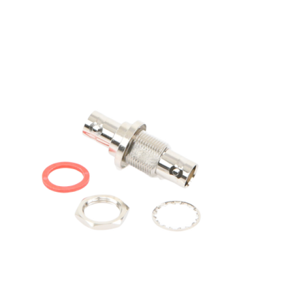 Adaptador Doble BNC Hembra para Chasis, Hermético y de Montaje en D-Plano, Níquel/ Oro/ Delrin.