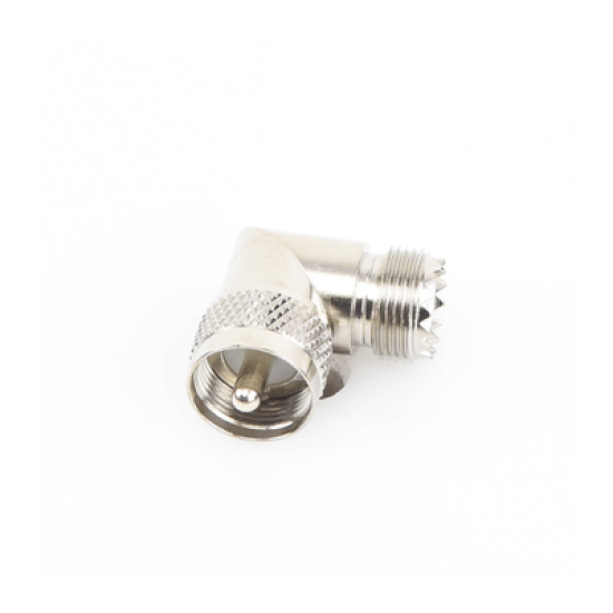 Adaptador en Ángulo Recto, de Conector UHF Macho (PL-259) a UHF Hembra (SO-239), Níquel/ Oro/ Delrin.