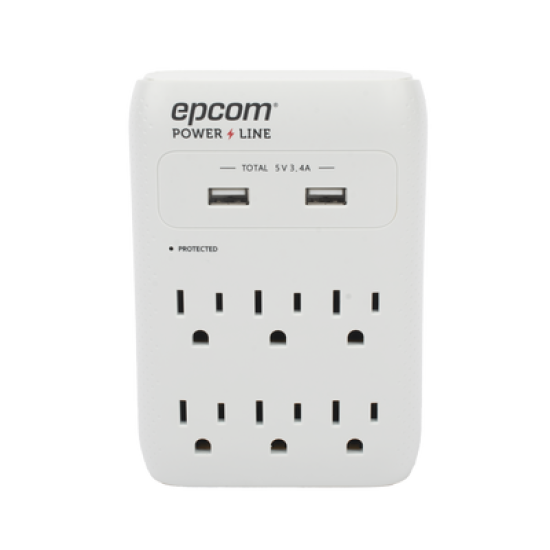Multicontacto de Pared 110 Vca / Supresor de Picos 1080 Joules / 6 x Nema 5-15P / 2 x USB (5V @3.4A) 