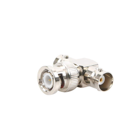 Adaptador en T para 50 Ohm de BNC Macho a Doble BNC Hembra, Maquinado, Níquel/ Oro/ Teflón.