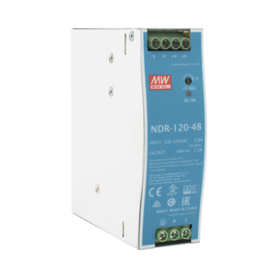 Fuente de poder industrial de 120 W, salida 48 Vcc, entrada 90~264 VCA, para montaje en riel DIN, 