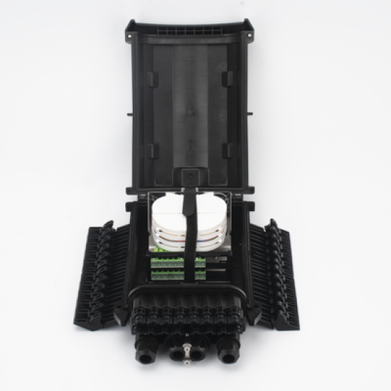 Caja de Distribución de Fibra Óptica para 24 Empalmes con 16 Acopladores SC/APC. Enterrado Directo, IP68, Splitter 1x16 Incluido con Conectores SC/APC