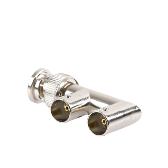 Adaptador Triple en F para 75 Ohm, de Conector BNC Macho a Doble BNC Hembra, Níquel/ Oro/ Delrin.