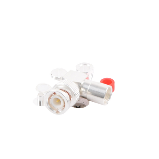 Conector BNC Macho en Ángulo Recto de Rosca para LMR-195, RG-58/U, RG-142/U, Plata/Oro/Teflón.