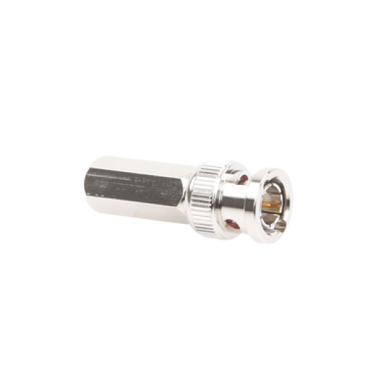 Conector BNC Macho de Ensamble Roscable (Hex.) en Sentido de las Manecillas de Reloj para Cable Coaxial RG-59/U, Níquel/ Oro/ Delrin.