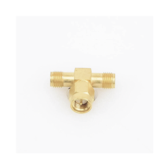 Adaptador en T, de Conector SMA Macho a Doble SMA Hembras, Oro/ Oro/ Teflón.