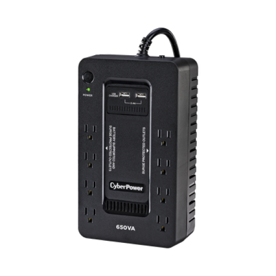 UPS de 650 VA/390 W, Topología Standby con Modo Ahorrador ECO, Entrada 120 Vca NEMA 5-15P, Con 8 Tomas NEMA 5-15R 