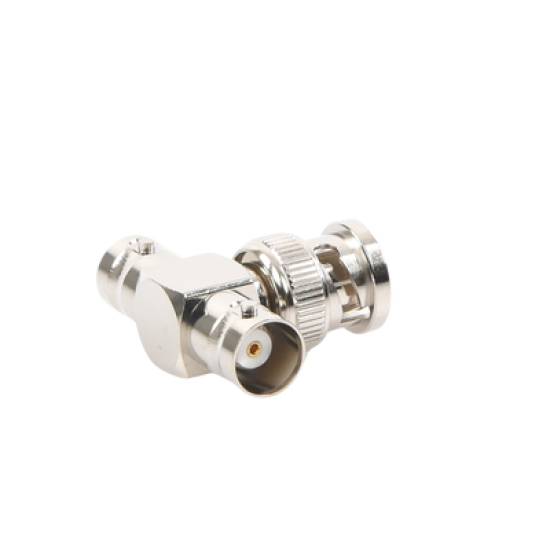 Adaptador en T para 50 Ohm de BNC Macho a Doble BNC Hembra, Maquinado, Níquel/ Oro/ Teflón.