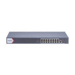Switch Gigabit PoE+ / Monitoreable / 16 Puertos 1000 Mbps PoE+ / 1 Puerto 1000 Mbps de Uplink / 1 Puerto SFP /  Configuración Remota desde Hik-PartnerPro / Modo Extendido hasta 300 Metros / 130 Watts