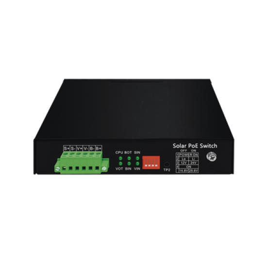 Controlador Solar de 15A con Switch PoE /  1 Puertos Gigabit PoE 802.3 bt / 2 Puertos PoE 802.3 af/at / 2 Puertos PoE Pasivo 24/48 Vcc / 1 Puerto SFP / No administrable