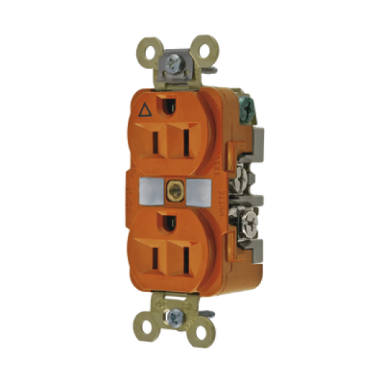 Contacto Dúplex Conexión a Tierra Aislada 15A 125V/ 2 Polos 3 Hilos/ Color Naranja/ Nema 5-15R/ Grado Industrial.