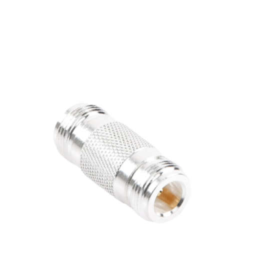 Adaptador Barril en Linea para 50 Ohm, de Conector N Hembra a N Hembra, Plata/ Oro/ Teflón.
