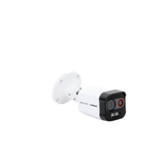 Bala IP Dual / Térmica 2.6 mm (96 x 72) / Óptico 6 mm (4 Megapixel) / Detección de Intrusión por VCA 30 mts /30 mts Luz Blanca / Exterior IP67 / PoE / Sirena y Luz Intermitente Integrada / Micro SD / ColorVu y ACUSENSE 