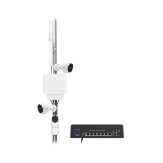 Switch UniFi FLEX de 5 puertos para semi-exterior IP55 (1 x PoE de entrada 802.3af/at/bt y 4 puertos PoE de salida 802.3af)