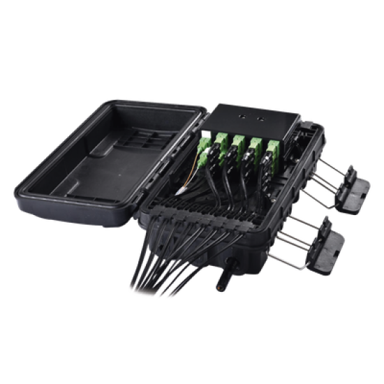 Caja de Distribución de Fibra Óptica para 24 Empalmes, con 16 acopladores SC/APC simplex, Exterior IP65, Color Negro