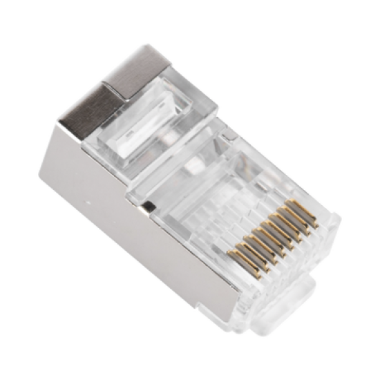 Bote con 100 Plugs Pass through RJ45 Cat5e BLINDADO, chapado de oro a 30 micras para durabilidad extrema