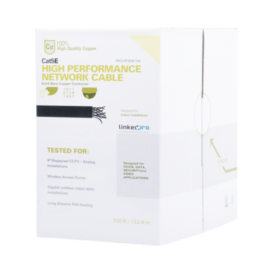  Cable Cat5e de alto rendimiento certificaciones ETL, UL,  de 500 ft ( 152.5 m ) de color Blanco, para aplicaciones en video vigilancia, redes de datos. Uso Interior.