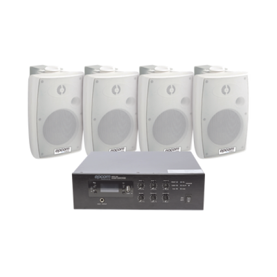 KIT de Amplificador de 120W para Escritorio | 4 Altavoces de Pared color Blanco 2.5W - 20W | Sistema 70/100V