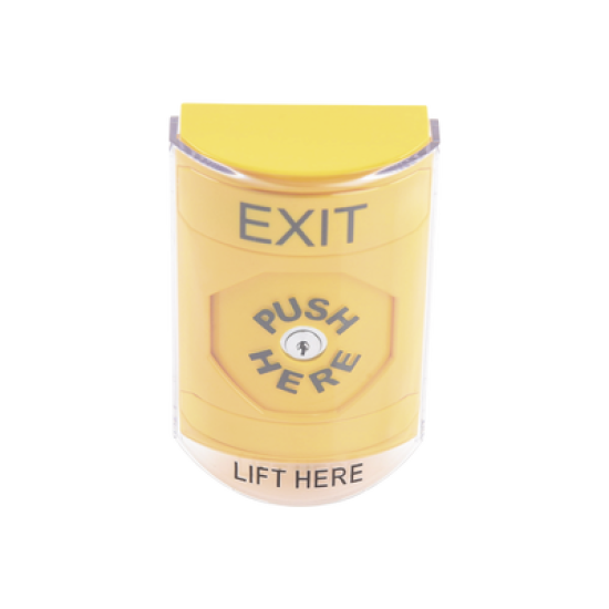 Botón de Salida, Texto en Ingles, Tapa Protectora de Policarbonato Súper Resistente, Llave para restablecer, Bocina integrada de Advertencia