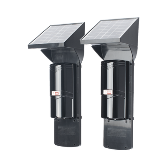 Detector fotoelectrico con celda solar ; DE 2 RAYOS; alcance exterior 60 m / interior 120 m, 4 frecuencias / Para ambientes donde no hay electricidad