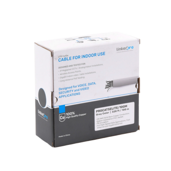 Bobina de cable de 100m, Cat5e, 24 AWG, color Gris, UL, para aplicaciones en videovigilancia, redes de datos. Uso Interior