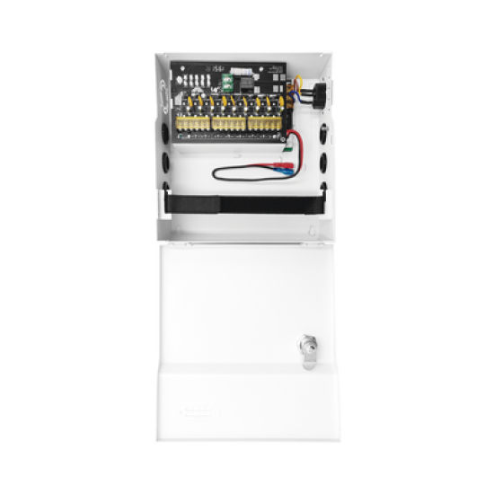  Fuente de Poder con ajuste de voltaje de 11- 15 Vcc / 10 A / 9 Salidas / Capacidad de Batería de Respaldo / Requiere Batería / Voltaje de Entrada 96-264 Vca