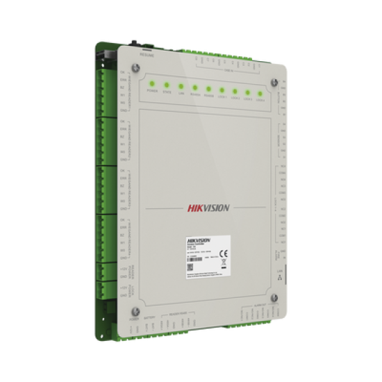 Controlador de Acceso 4 Puertas Administrable en la Nube con Hik-Connect Teams / Interfaz Web / 8 Lectores de Huella o Tarjeta / 100,000 Tarjetas / 10,000 Huellas / Incluye Gabinete y Fuente de Alimentación 12Vcd 8 A / Soporta Batería de Res