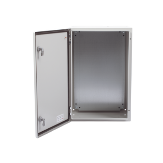 Gabinete de Acero IP66 Uso en Intemperie (400 x 600 x 250 mm) con Placa Trasera Interior Metálica y Compuerta Inferior Atornillable (Incluye Chapa y Llave T).