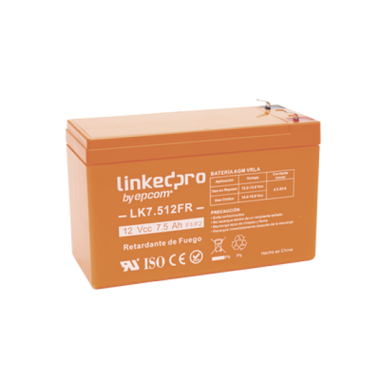 Batería 12 V / 7.5 Ah / UL / Tecnología AGM-VRLA / Vida útil promedio de 5 años / Retardante a la Flama / Para equipo electrónico, Alarmas de Intrusión / Incendio/ Control de acceso / Video Vigilancia / Terminales