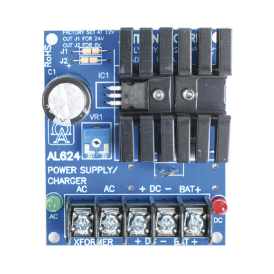 6 o 12 o 24 Vcc @ 1.2  A o 0.75 A / fuente tipo tarjeta / 1 salida / requiere transformador de entrada / capacidad de respaldo / Batería no incluida.