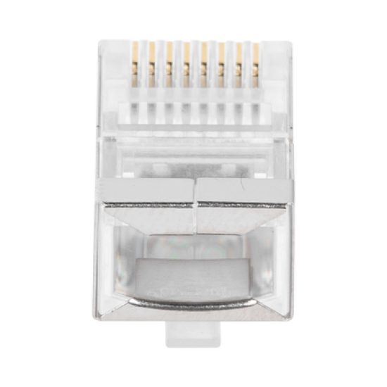 Bote con 100 Plugs Pass through RJ45 Cat5e BLINDADO, chapado de oro a 30 micras para durabilidad extrema