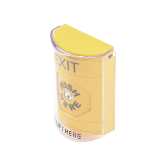 Botón de Salida, Texto en Ingles, Tapa Protectora de Policarbonato Súper Resistente, Llave para restablecer, Bocina integrada de Advertencia