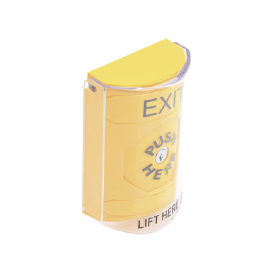 Botón de Salida, Texto en Ingles, Tapa Protectora de Policarbonato Súper Resistente, Llave para restablecer, Bocina integrada de Advertencia