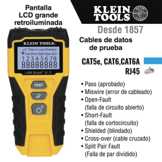 Tester  de Cable LAN Scout™ Jr. 2/ Para: Prueba aprobada/ Error de Cableado/ Falla de Circuito Abierto o Cortocircuito/ Par Dividido/ Blindaje.