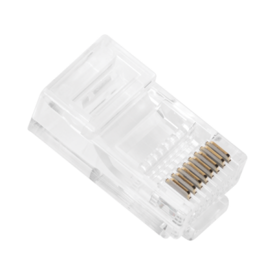 Bote con 100 Plugs Pass through RJ45 Cat5e sin blindaje, chapado de oro a 30 micras para durabilidad extrema