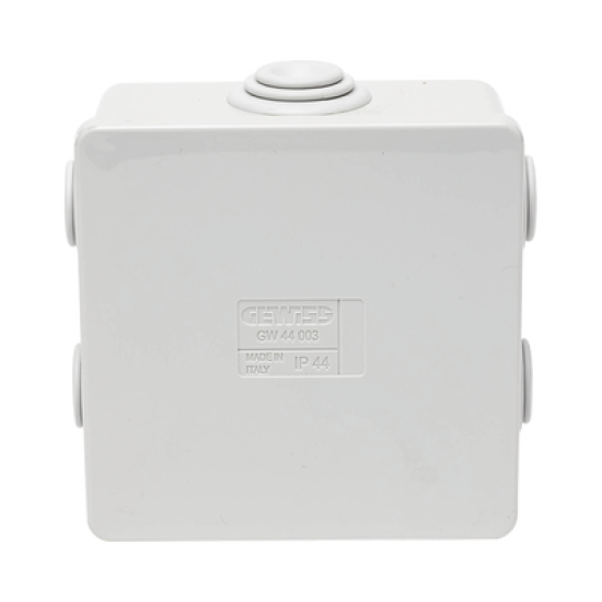 Caja de derivación de PVC Autoextinguible con 6 entradas, tapa a presión, 80x80x40 MM (Medidas internas, mayor área permisible para el cable, Para instalación al exterior (IP44)