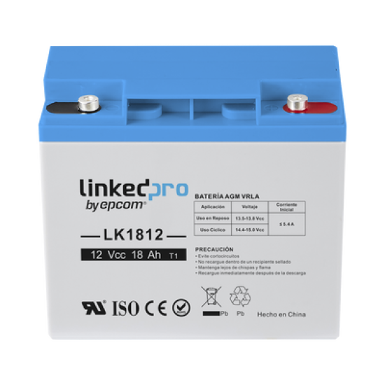 Batería 12 Vcc / 18 Ah / UL / Tecnología AGM-VRLA / Vida útil promedio de 5 años / Para uso en equipo electrónico, Alarmas de Intrusión / Incendio/ Control de acceso / Video Vigilancia / Terminales T1 .