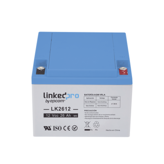 Batería 12 Vcc / 26 Ah / UL / Tecnología AGM-VRLA / Vida útil promedio de 5 años /Para uso en equipo electrónico, Alarmas de Intrusión / Incendio/ Control de acceso / Video Vigilancia / Terminales M5 .