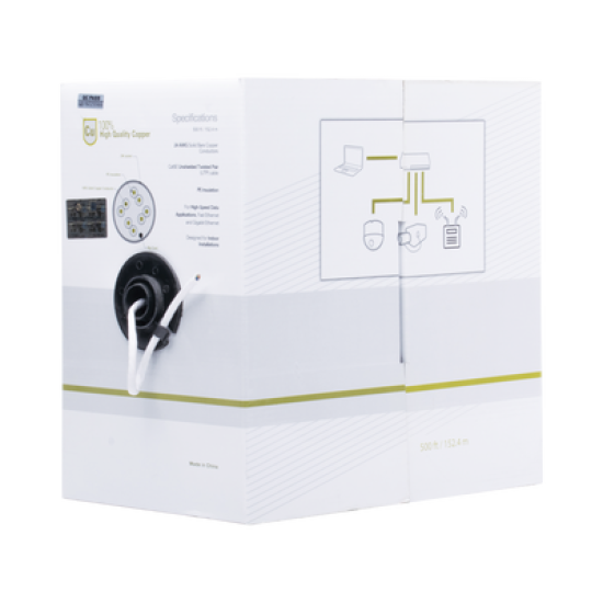  Cable Cat5e de alto rendimiento certificaciones ETL, UL,  de 500 ft ( 152.5 m ) de color Blanco, para aplicaciones en video vigilancia, redes de datos. Uso Interior.