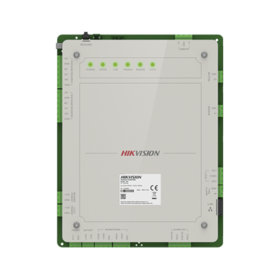 Controlador de Acceso 1 Puerta Administrable en la Nube con Hik-Connect Teams / Interfaz Web / 2 Lectores de Huella o Tarjeta / 100,000 Tarjetas / 10,000 Huellas / Incluye Gabinete y Fuente de Alimentación 12v 4A / Soporta Batería de Respald