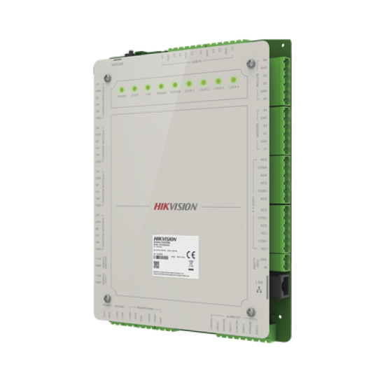 Controlador de Acceso 4 Puertas Administrable en la Nube con Hik-Connect Teams / Interfaz Web / 8 Lectores de Huella o Tarjeta / 100,000 Tarjetas / 10,000 Huellas / Incluye Gabinete y Fuente de Alimentación 12Vcd 8 A / Soporta Batería de Res