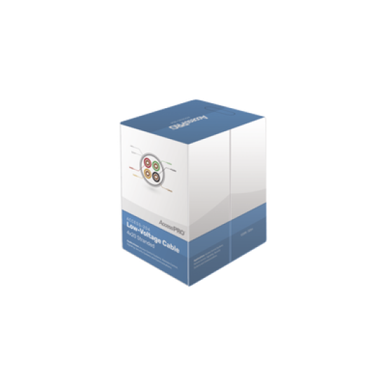 Bobina de 305 metros con 4 conductores de cobre trenzado calibre 20, aislamiento individual de FRPVC de alta calidad, cubierta exterior de PVC con protección anti-flama CM. Para aplicaciones de control de acceso 