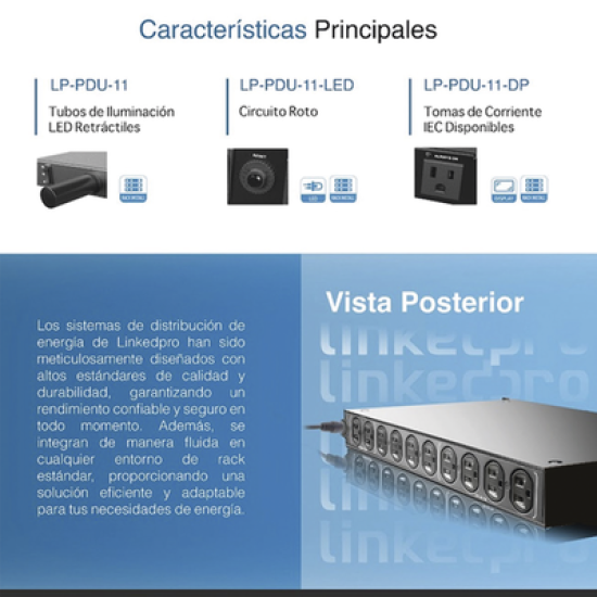PDU para Distribución de Energía, Montaje en Rack, 11 salidas, Instalación Horizontal, de 19in, 1U, 15 Amp, 120 Vca, Con Indicador Led 