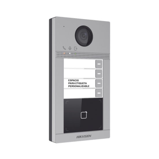 Videoportero IP 2 Megapixel / Llamada y Apertura Remota desde App Hik-Connect / PoE / Exterior IP65 + Antivandalico IK08 / 4 Departamento / Apertura con Tarjeta / Soporta 2 Puertas y hasta 6 Monitores