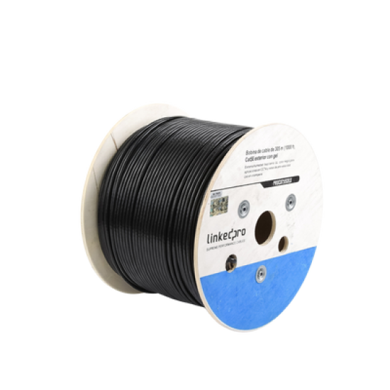 Bobina de cable de 305 m, Cat5E, con gel, para intemperie, doble forro extrema humedad, bajo tierra, UL, color negro para aplicaciones en video vigilancia, y redes de alta velocidad.