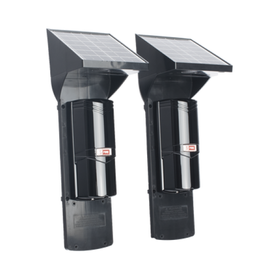 Detector fotoelectrico con celda solar ; DE 2 RAYOS; alcance exterior 60 m / interior 120 m, 4 frecuencias / Para ambientes donde no hay electricidad