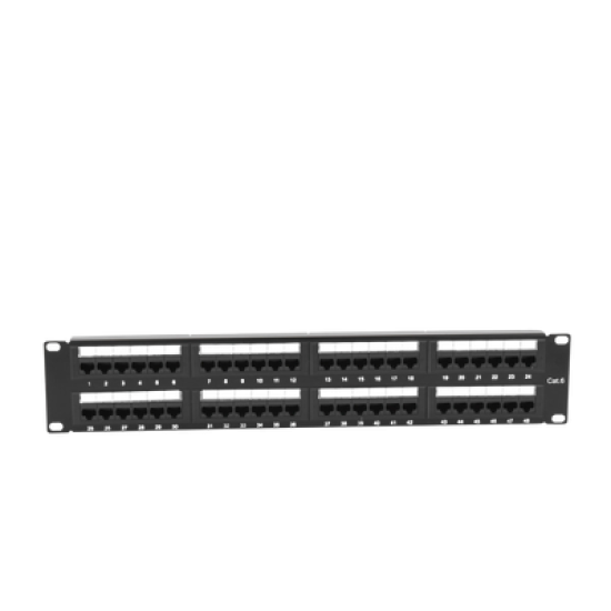 Panel de parcheo de impacto (110) UTP de 48 puertos Cat6, 19in, 2U, con barra para organizar cable