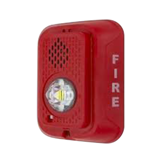 Sirena con Lámpara LED Estroboscópica / a 2 Hilos / Montaje en Pared / 12 o 24 Vcd / Configuración Estroboscópica Seleccionable / Texto en Inglés / Color Rojo 