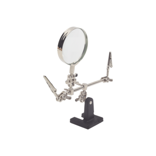 Soporte con lupa y dos brazos con clip. Ideal para trabajos de soldadura.